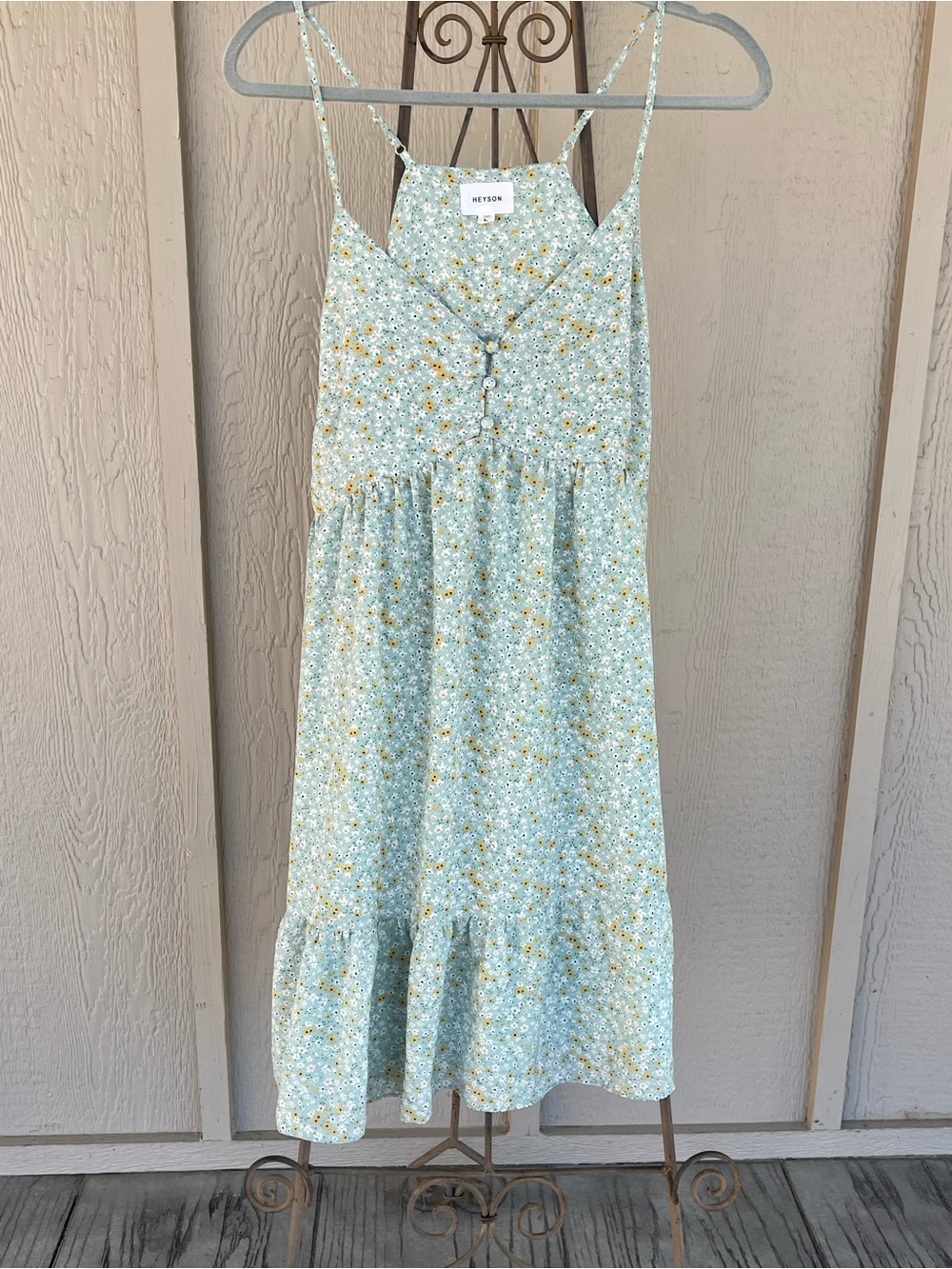 Heyson Sundress Dressy Casual Straps Mint Sage Floral Flowy Ruffle Boho Short L